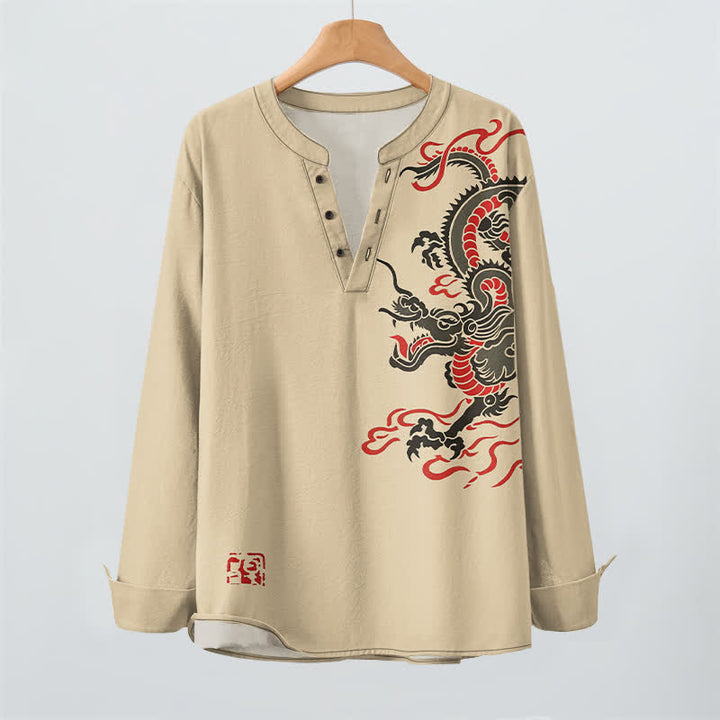 Buddha Stones Camisas de manga larga para hombre de algodón con cuello en V, estampado de dragón oriental y llamas. - image 16