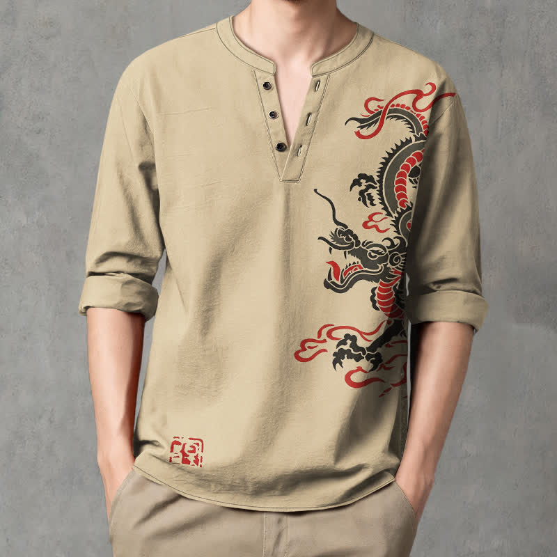 Buddha Stones Camisas de manga larga para hombre de algodón con cuello en V, estampado de dragón oriental y llamas. - Broncearse - US/UK/AU48, UE58 (4XL) - image 14