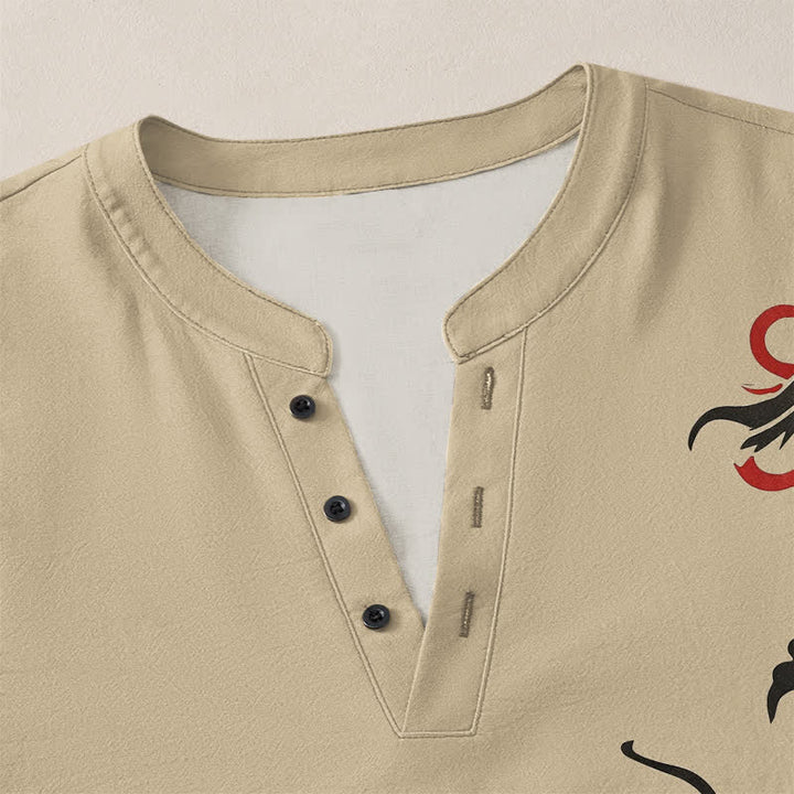 Buddha Stones Camisas de manga larga para hombre de algodón con cuello en V, estampado de dragón oriental y llamas. - image 18