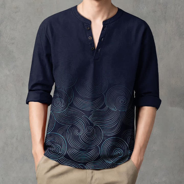 Buddha Stones Camisas de manga larga para hombre de algodón con cuello en V y estampado de espiral de olas oceánicas. - Marina de guerra - US/UK/AU48, UE58 (4XL) - image 0