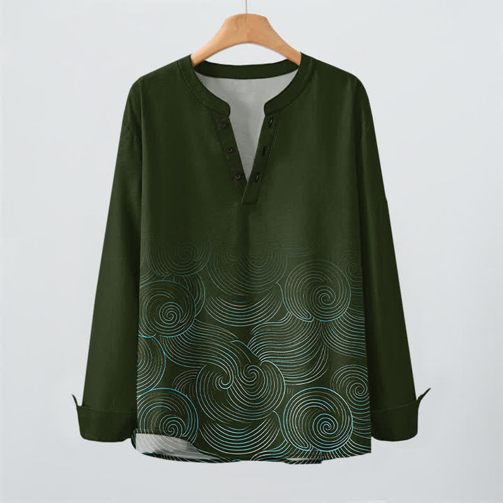 Buddha Stones Camisas de manga larga para hombre de algodón con cuello en V y estampado de espiral de olas oceánicas. - image 9