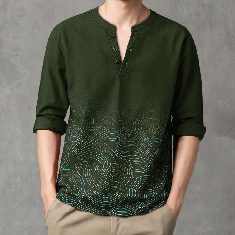 Buddha Stones Camisas de manga larga para hombre de algodón con cuello en V y estampado de espiral de olas oceánicas. - Verde oscuro - US/UK/AU48, UE58 (4XL) - image 7