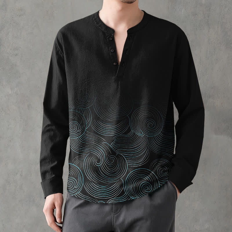 Buddha Stones Camisas de manga larga para hombre de algodón con cuello en V y estampado de espiral de olas oceánicas. - image 15