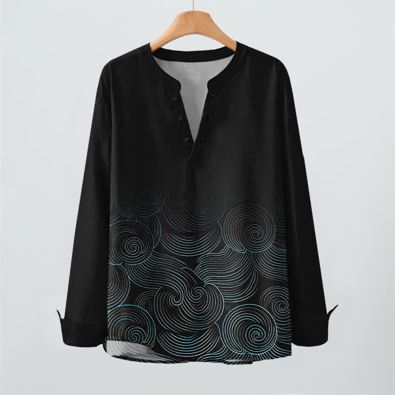 Buddha Stones Camisas de manga larga para hombre de algodón con cuello en V y estampado de espiral de olas oceánicas. - image 16