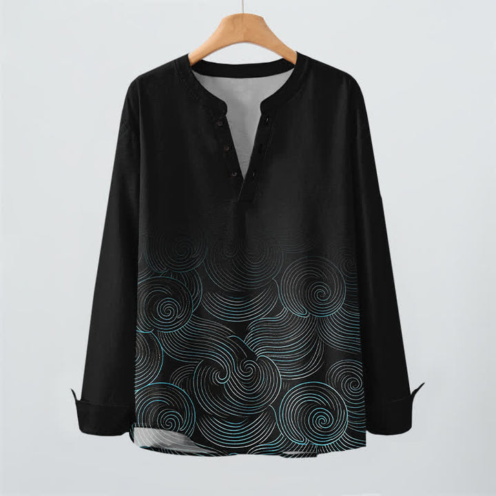 Buddha Stones Camisas de manga larga para hombre de algodón con cuello en V y estampado de espiral de olas oceánicas. - image 16
