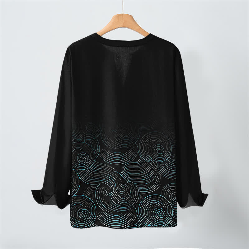 Buddha Stones Camisas de manga larga para hombre de algodón con cuello en V y estampado de espiral de olas oceánicas. - image 17