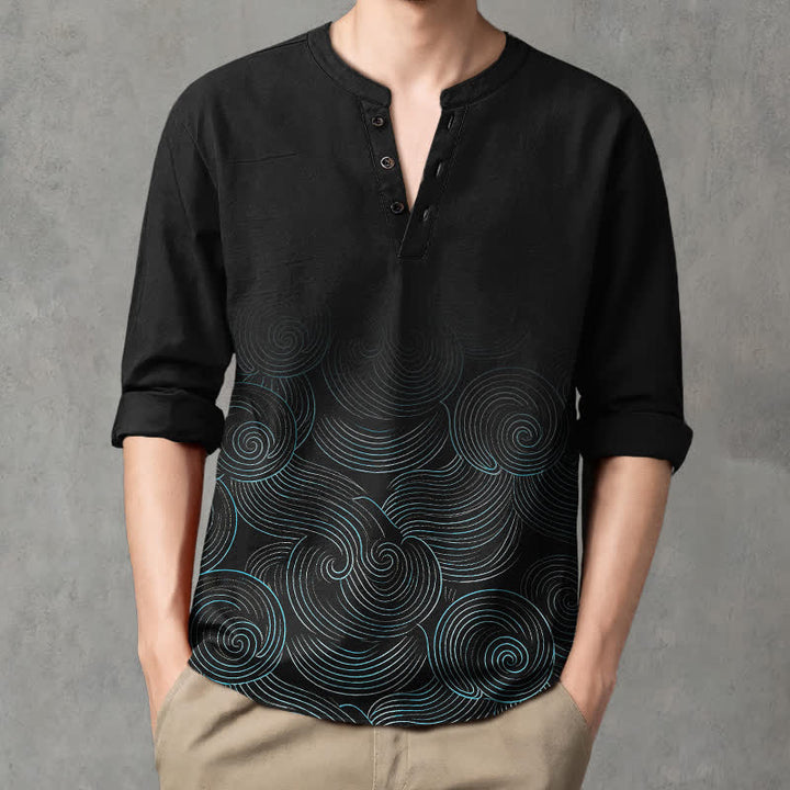 Buddha Stones Camisas de manga larga para hombre de algodón con cuello en V y estampado de espiral de olas oceánicas. - Negro - US/UK/AU48, UE58 (4XL) - image 14