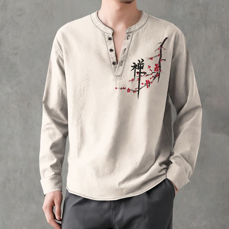 Buddha Stones Camisas de manga larga para hombre con cuello en V y estampado de flores de ciruelo estilo zen de algodón. - Lino - US/UK/AU48, UE58 (4XL) - image 0