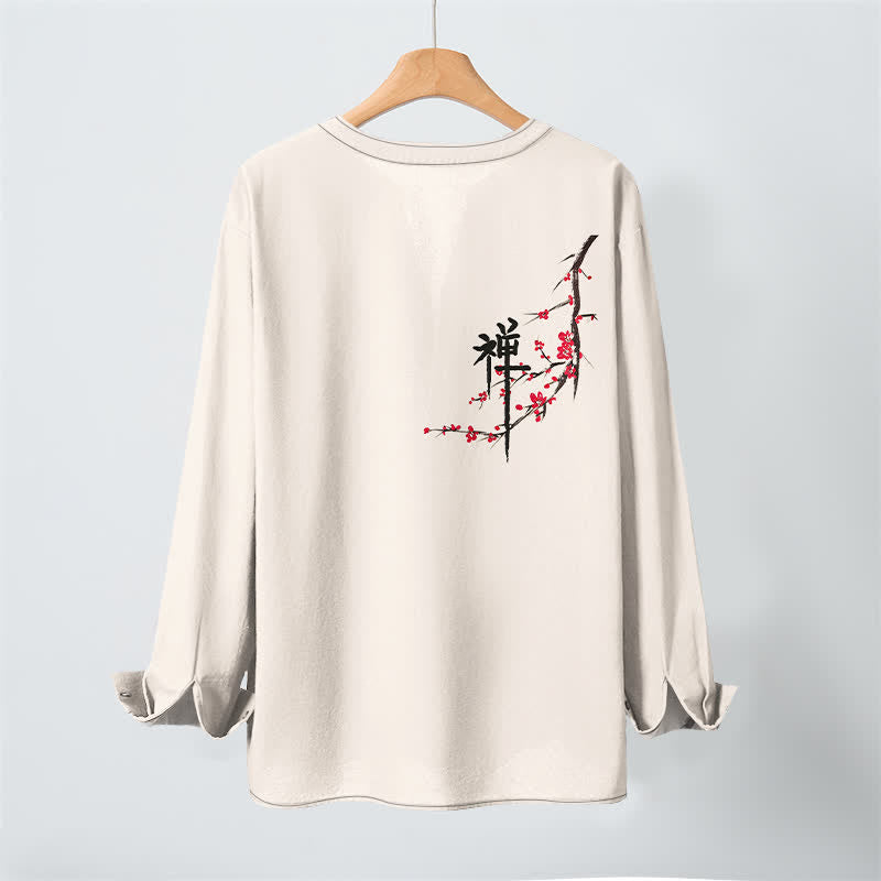 Buddha Stones Camisas de manga larga para hombre con cuello en V y estampado de flores de ciruelo estilo zen de algodón. - image 3