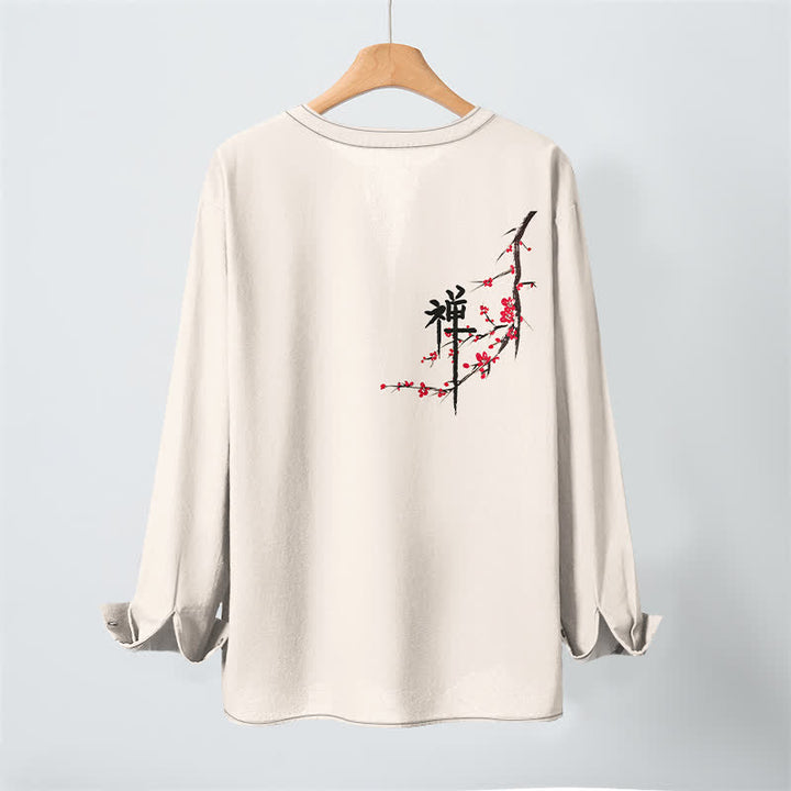 Buddha Stones Camisas de manga larga para hombre con cuello en V y estampado de flores de ciruelo estilo zen de algodón. - image 3