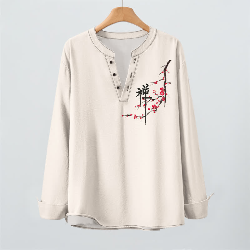 Buddha Stones Camisas de manga larga para hombre con cuello en V y estampado de flores de ciruelo estilo zen de algodón. - image 2