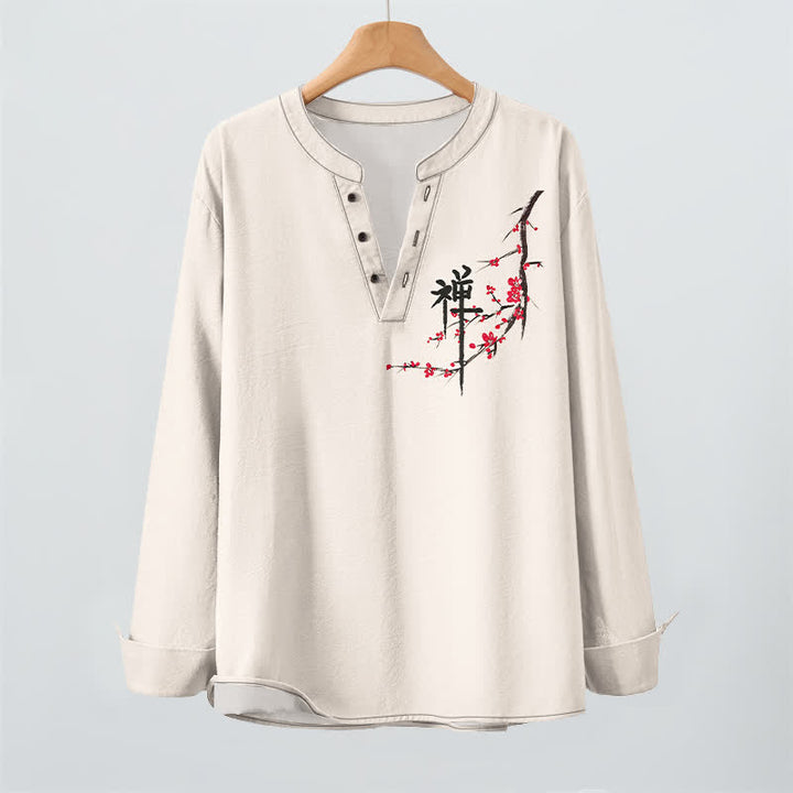 Buddha Stones Camisas de manga larga para hombre con cuello en V y estampado de flores de ciruelo estilo zen de algodón. - image 2