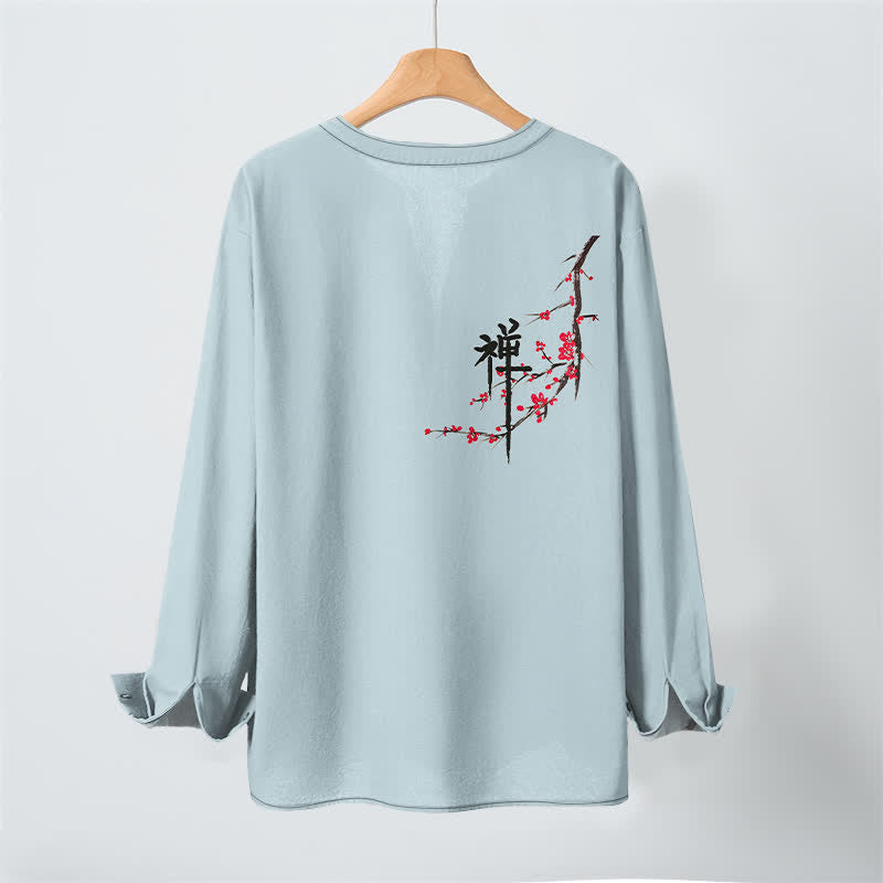 Buddha Stones Camisas de manga larga para hombre con cuello en V y estampado de flores de ciruelo estilo zen de algodón. - image 10