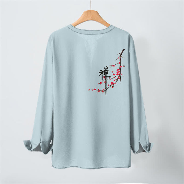 Buddha Stones Camisas de manga larga para hombre con cuello en V y estampado de flores de ciruelo estilo zen de algodón. - image 10