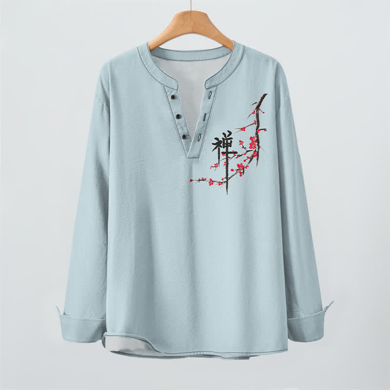Buddha Stones Camisas de manga larga para hombre con cuello en V y estampado de flores de ciruelo estilo zen de algodón. - image 9