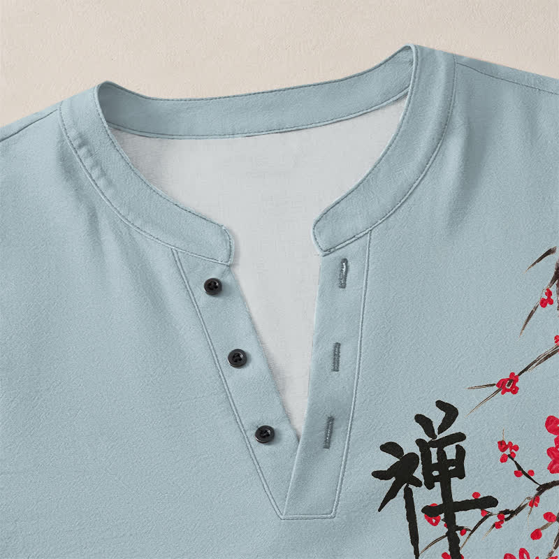 Buddha Stones Camisas de manga larga para hombre con cuello en V y estampado de flores de ciruelo estilo zen de algodón. - image 11