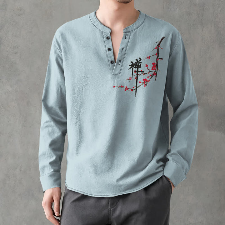 Buddha Stones Camisas de manga larga para hombre con cuello en V y estampado de flores de ciruelo estilo zen de algodón. - Azul claro - US/UK/AU48, UE58 (4XL) - image 7