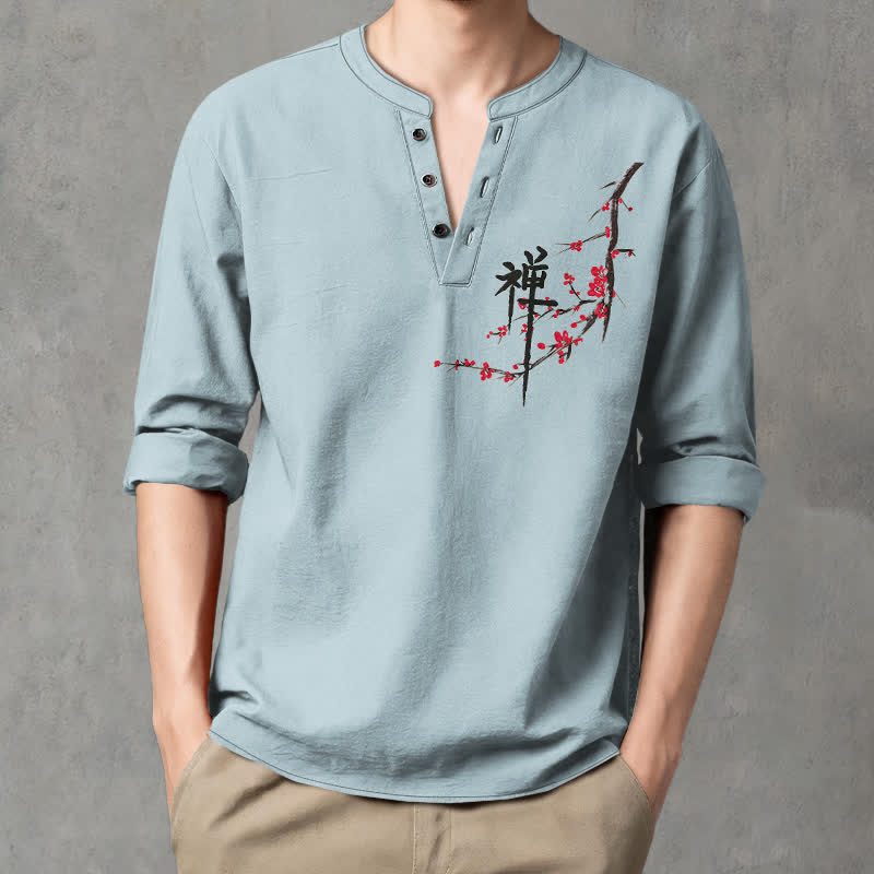 Buddha Stones Camisas de manga larga para hombre con cuello en V y estampado de flores de ciruelo estilo zen de algodón. - image 8