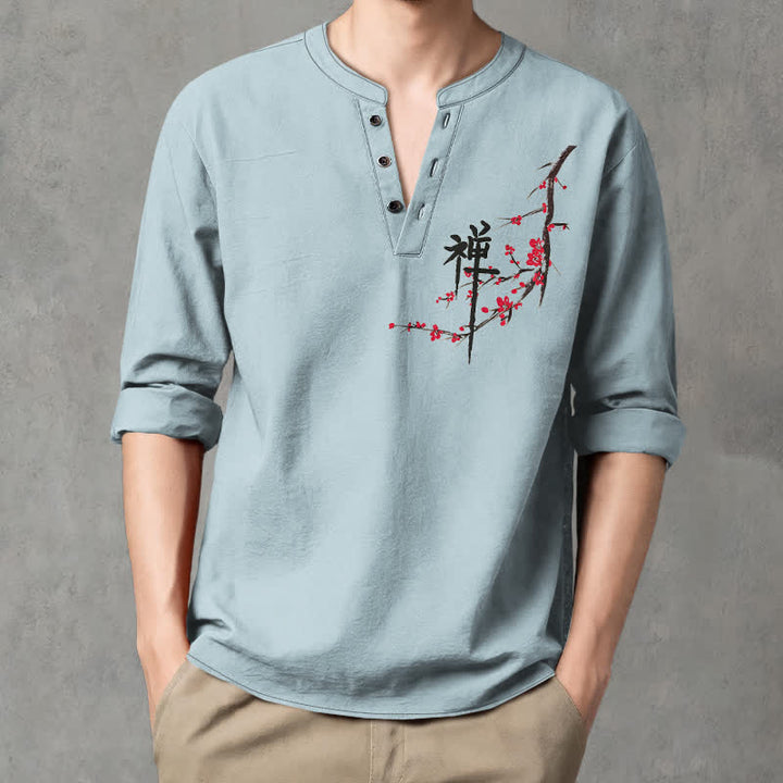 Buddha Stones Camisas de manga larga para hombre con cuello en V y estampado de flores de ciruelo estilo zen de algodón. - image 8