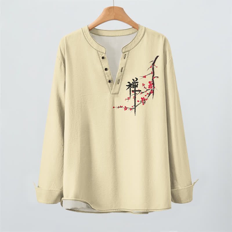 Buddha Stones Camisas de manga larga para hombre con cuello en V y estampado de flores de ciruelo estilo zen de algodón. - image 16