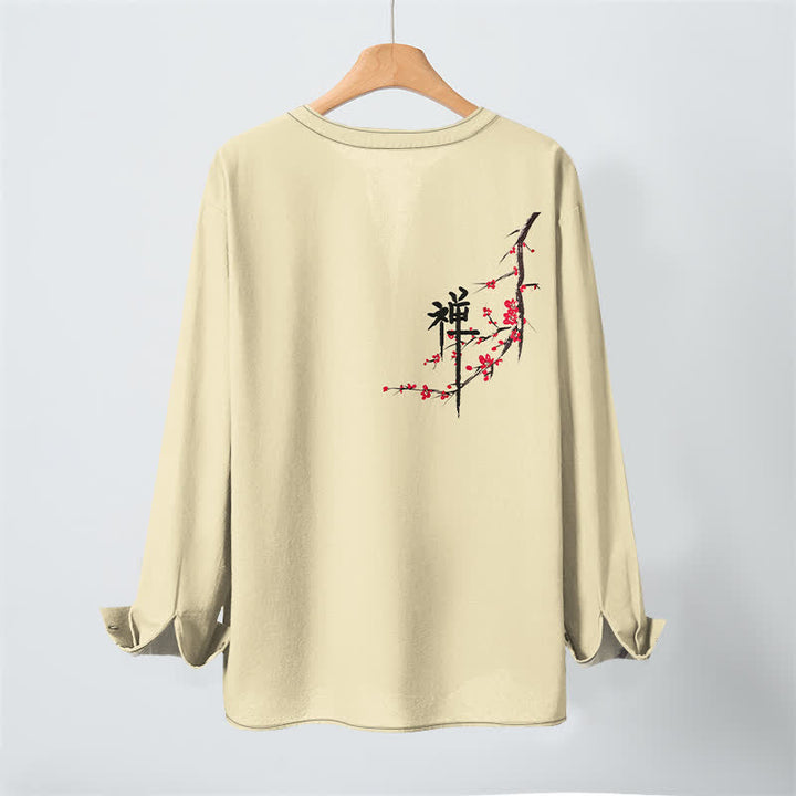 Buddha Stones Camisas de manga larga para hombre con cuello en V y estampado de flores de ciruelo estilo zen de algodón. - image 17