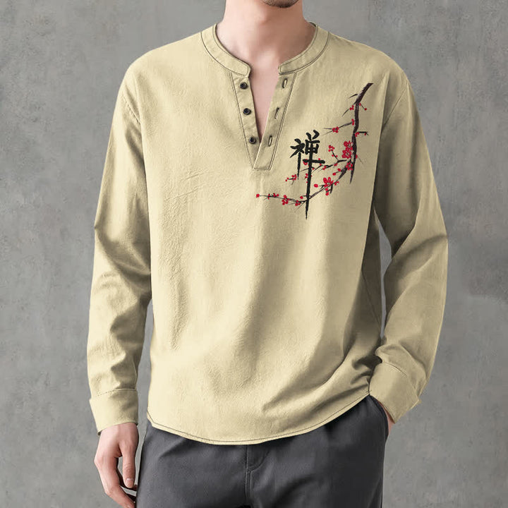 Buddha Stones Camisas de manga larga para hombre con cuello en V y estampado de flores de ciruelo estilo zen de algodón. - Caqui - US/UK/AU48, UE58 (4XL) - image 14