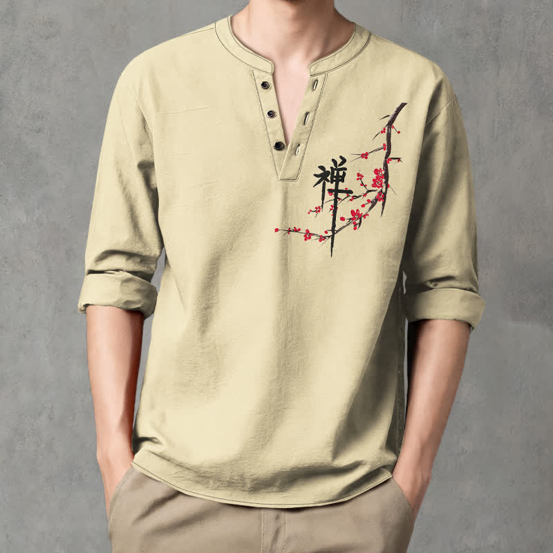 Buddha Stones Camisas de manga larga para hombre con cuello en V y estampado de flores de ciruelo estilo zen de algodón. - image 15