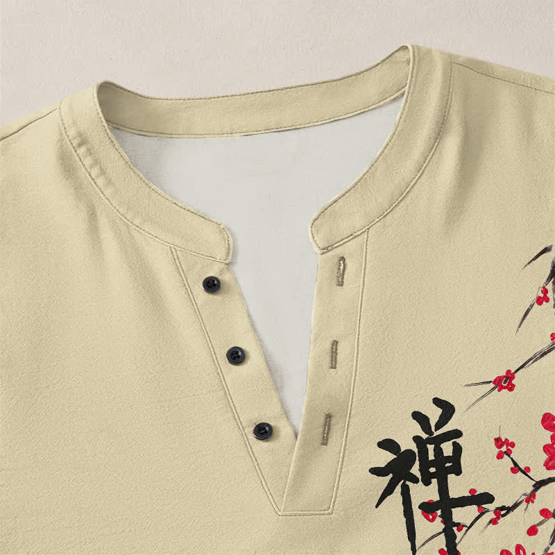 Buddha Stones Camisas de manga larga para hombre con cuello en V y estampado de flores de ciruelo estilo zen de algodón. - image 18