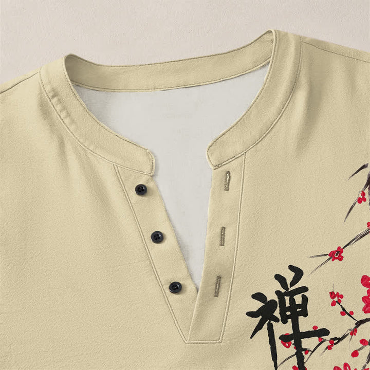Buddha Stones Camisas de manga larga para hombre con cuello en V y estampado de flores de ciruelo estilo zen de algodón. - image 18