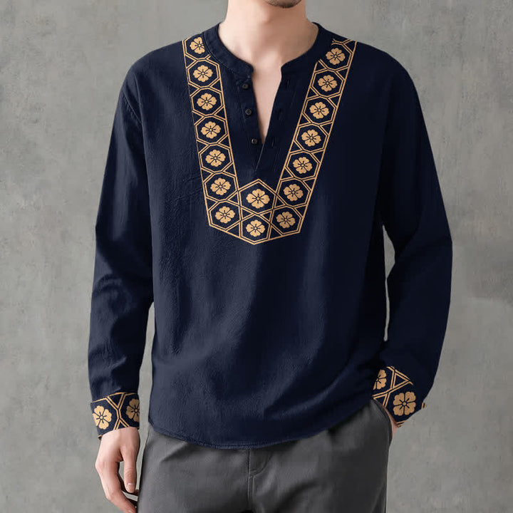 Buddha Stones Camisas de manga larga para hombre de algodón con cuello en V, estampado de cuadrícula floral étnica y botones. - image 1