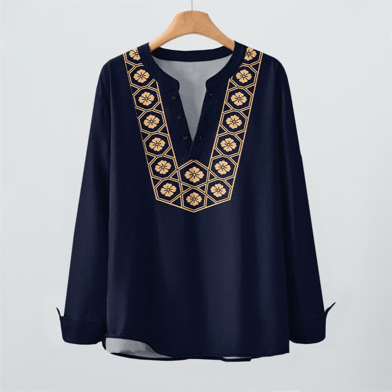 Buddha Stones Camisas de manga larga para hombre de algodón con cuello en V, estampado de cuadrícula floral étnica y botones. - image 3