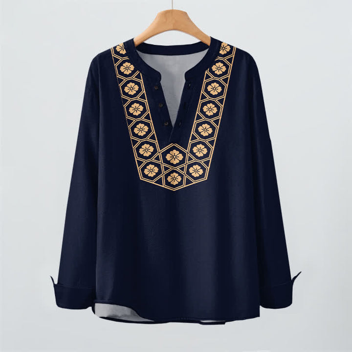 Buddha Stones Camisas de manga larga para hombre de algodón con cuello en V, estampado de cuadrícula floral étnica y botones. - image 3