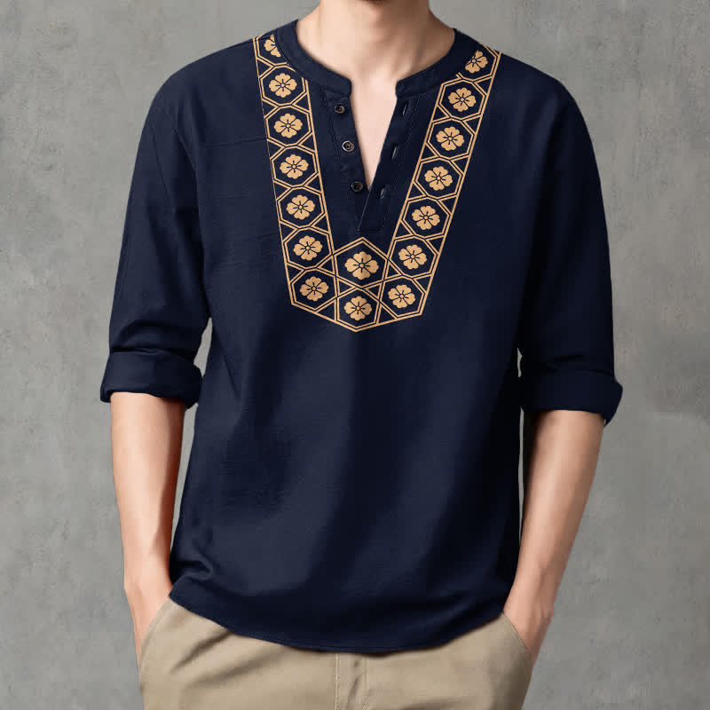 Buddha Stones Camisas de manga larga para hombre de algodón con cuello en V, estampado de cuadrícula floral étnica y botones. - Marina de guerra - US/UK/AU48, UE58 (4XL) - image 0