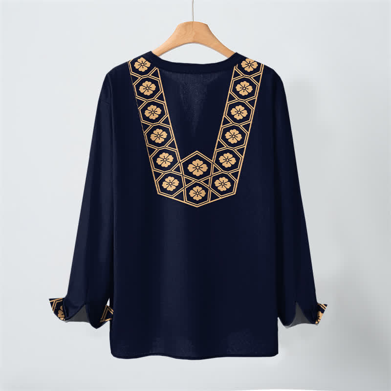 Buddha Stones Camisas de manga larga para hombre de algodón con cuello en V, estampado de cuadrícula floral étnica y botones. - image 2