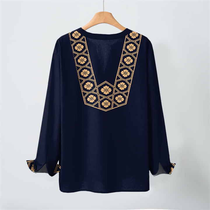 Buddha Stones Camisas de manga larga para hombre de algodón con cuello en V, estampado de cuadrícula floral étnica y botones. - image 2
