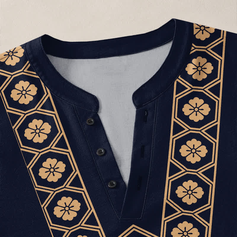 Buddha Stones Camisas de manga larga para hombre de algodón con cuello en V, estampado de cuadrícula floral étnica y botones. - image 4