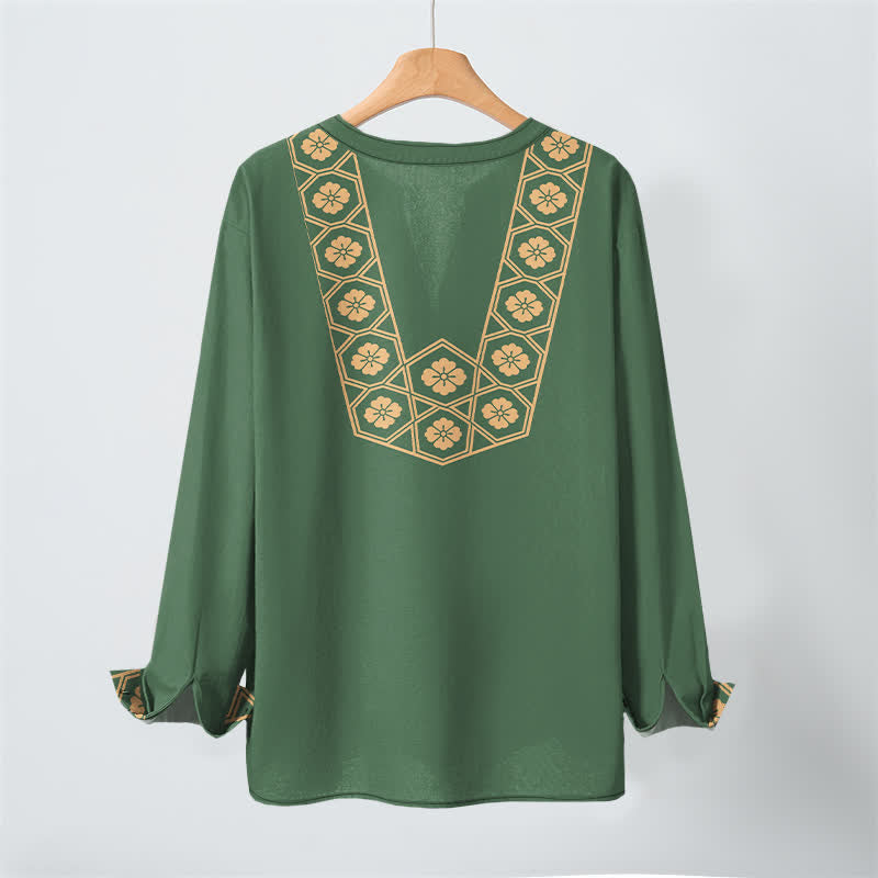 Buddha Stones Camisas de manga larga para hombre de algodón con cuello en V, estampado de cuadrícula floral étnica y botones. - image 10