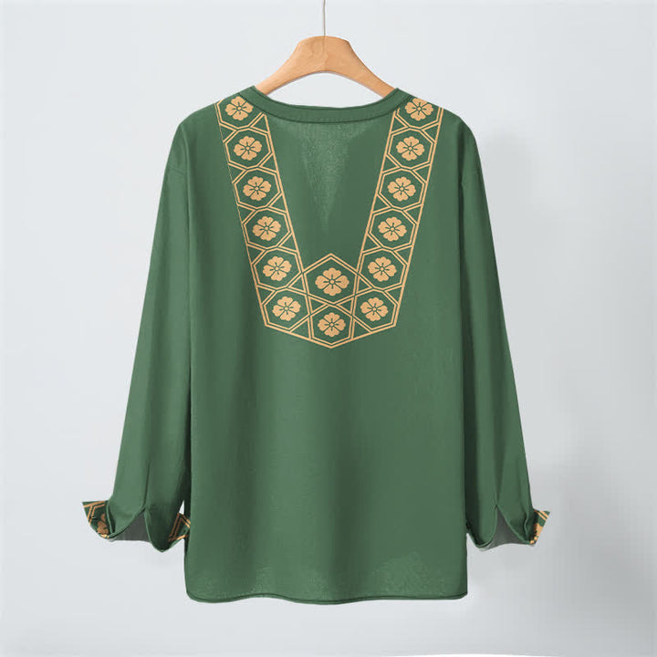 Buddha Stones Camisas de manga larga para hombre de algodón con cuello en V, estampado de cuadrícula floral étnica y botones. - image 10