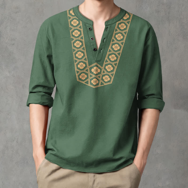 Buddha Stones Camisas de manga larga para hombre de algodón con cuello en V, estampado de cuadrícula floral étnica y botones. - Verde bosque - US/UK/AU48, UE58 (4XL) - image 7