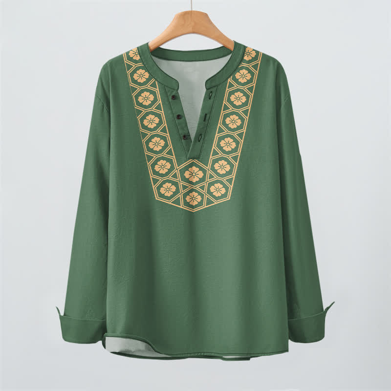 Buddha Stones Camisas de manga larga para hombre de algodón con cuello en V, estampado de cuadrícula floral étnica y botones. - image 9