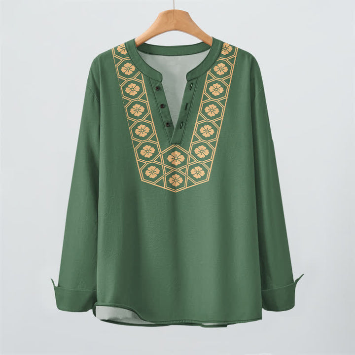 Buddha Stones Camisas de manga larga para hombre de algodón con cuello en V, estampado de cuadrícula floral étnica y botones. - image 9