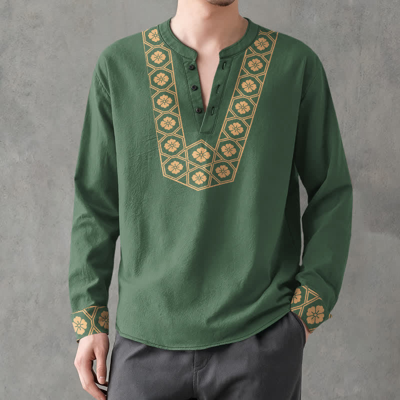 Buddha Stones Camisas de manga larga para hombre de algodón con cuello en V, estampado de cuadrícula floral étnica y botones. - image 8
