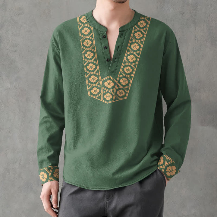 Buddha Stones Camisas de manga larga para hombre de algodón con cuello en V, estampado de cuadrícula floral étnica y botones. - image 8