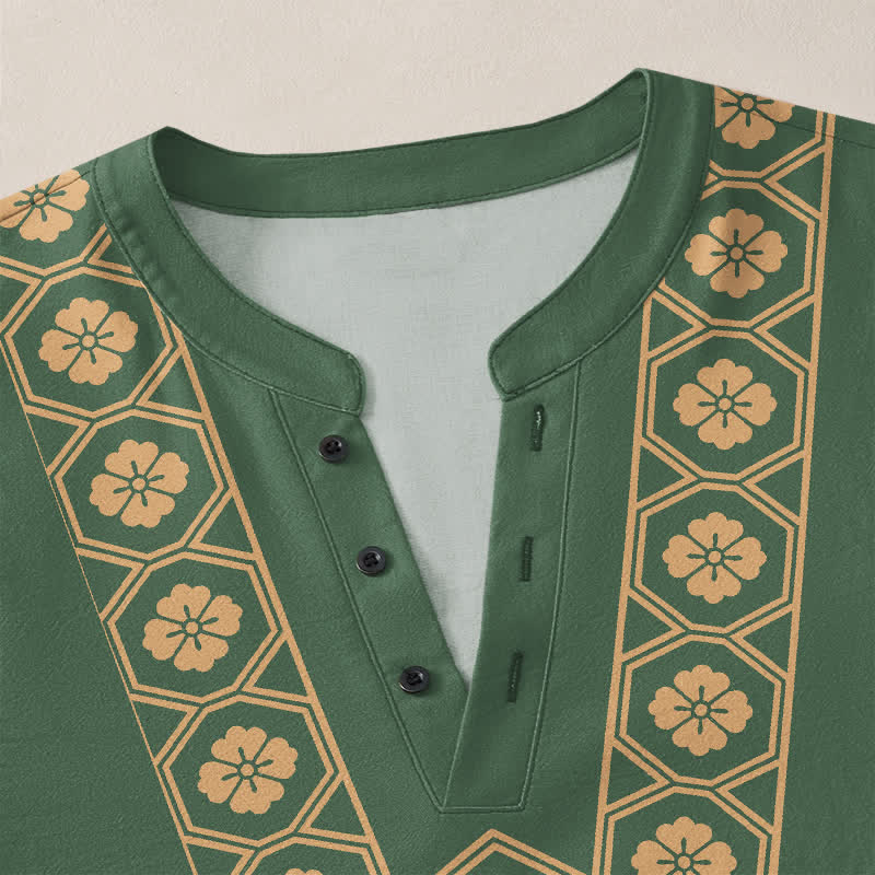 Buddha Stones Camisas de manga larga para hombre de algodón con cuello en V, estampado de cuadrícula floral étnica y botones. - image 11