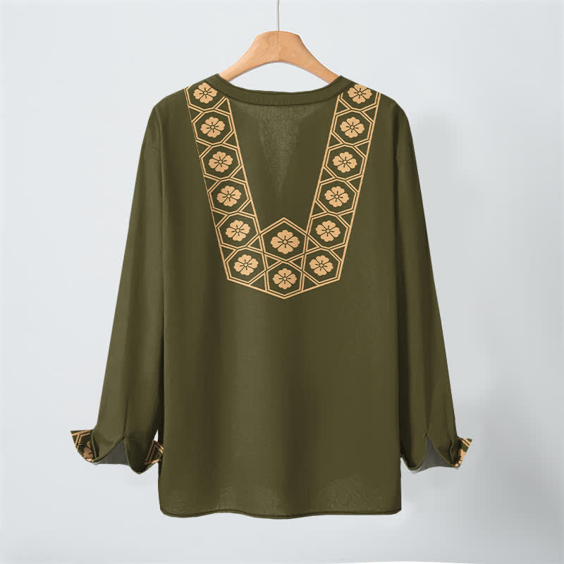 Buddha Stones Camisas de manga larga para hombre de algodón con cuello en V, estampado de cuadrícula floral étnica y botones. - image 17