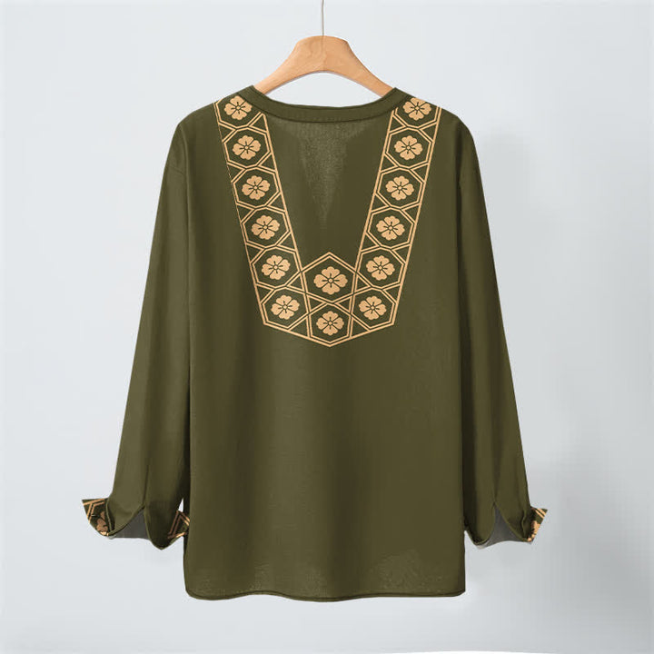 Buddha Stones Camisas de manga larga para hombre de algodón con cuello en V, estampado de cuadrícula floral étnica y botones. - image 17