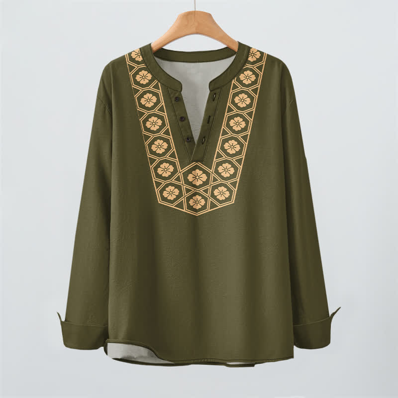 Buddha Stones Camisas de manga larga para hombre de algodón con cuello en V, estampado de cuadrícula floral étnica y botones. - image 16