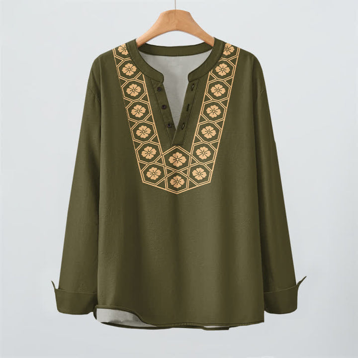Buddha Stones Camisas de manga larga para hombre de algodón con cuello en V, estampado de cuadrícula floral étnica y botones. - image 16