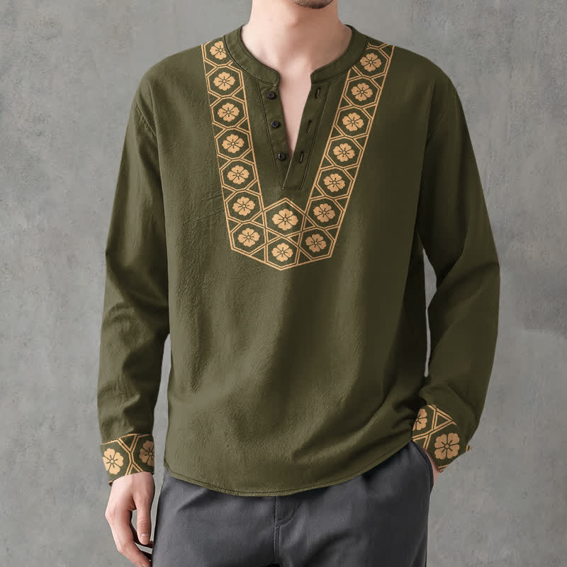 Buddha Stones Camisas de manga larga para hombre de algodón con cuello en V, estampado de cuadrícula floral étnica y botones. - image 15
