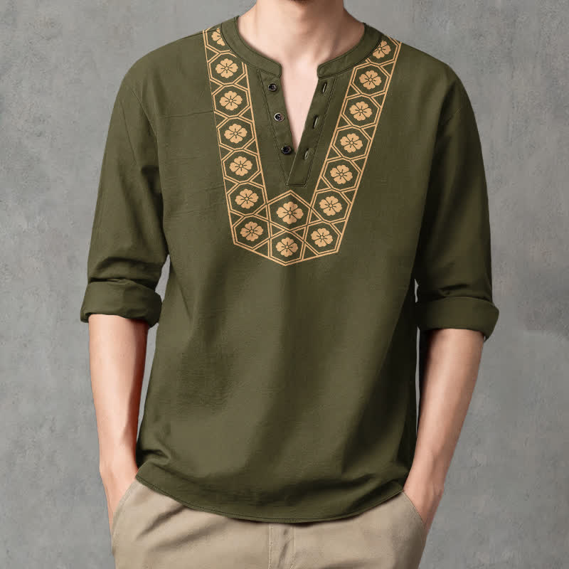 Buddha Stones Camisas de manga larga para hombre de algodón con cuello en V, estampado de cuadrícula floral étnica y botones. - Verde oliva oscuro - US/UK/AU48, UE58 (4XL) - image 14